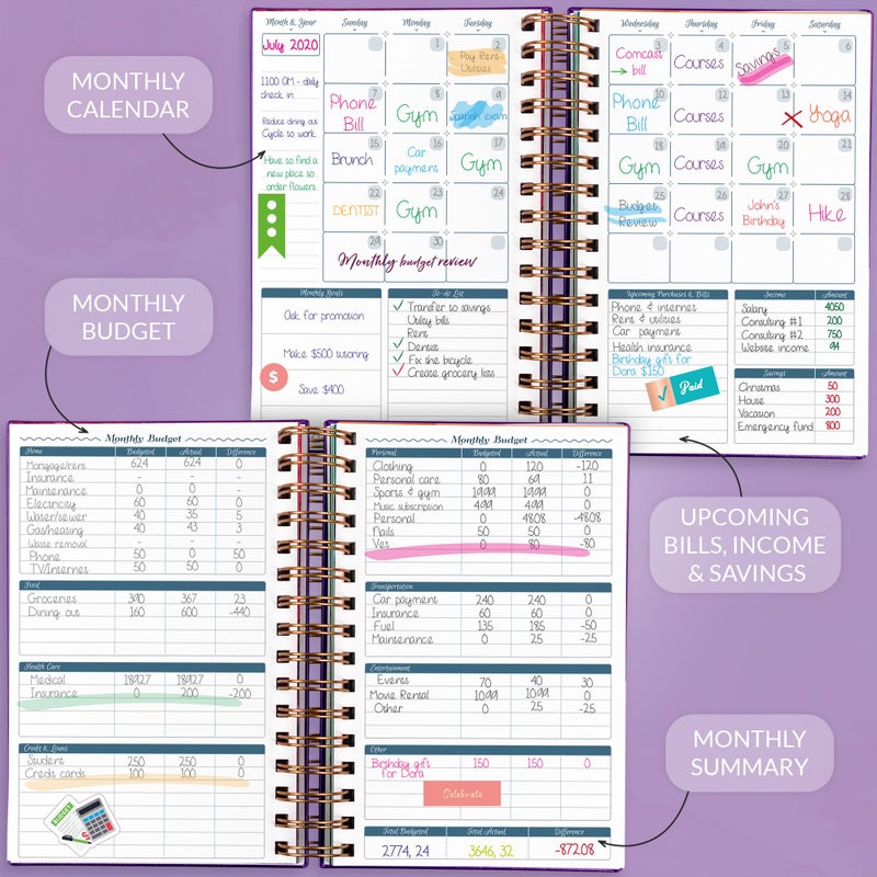 GoGirl Budget Planner & Monthly Bill Organizer â€“ Monthly Financial Book with Pockets. Expense Tracker Notebook Journal, Compact (Purple) - Image 3